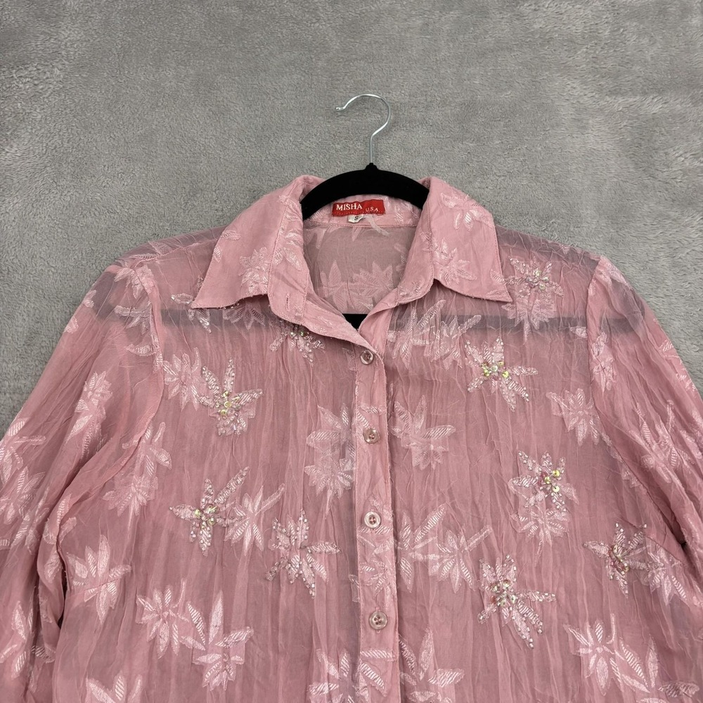 VTG 90s Y2K Sheer Floral Embroidered Beaded Button Up Top Womens S Pink Fairy - Picture 3 of 16